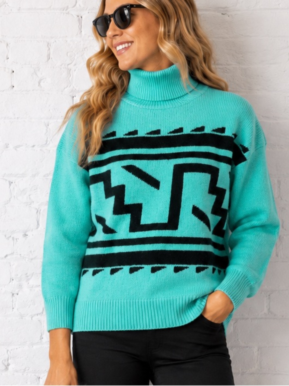 Vintage 90s Southwestern Lambswool Turtleneck Sweater S Green Black Ski Western